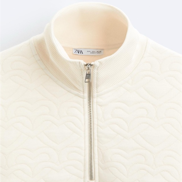 New Zara Men Sweetheart Hearts Sweatshirt 1/4 Zipped Sweater Top S Ecru - Picture 4 of 11
